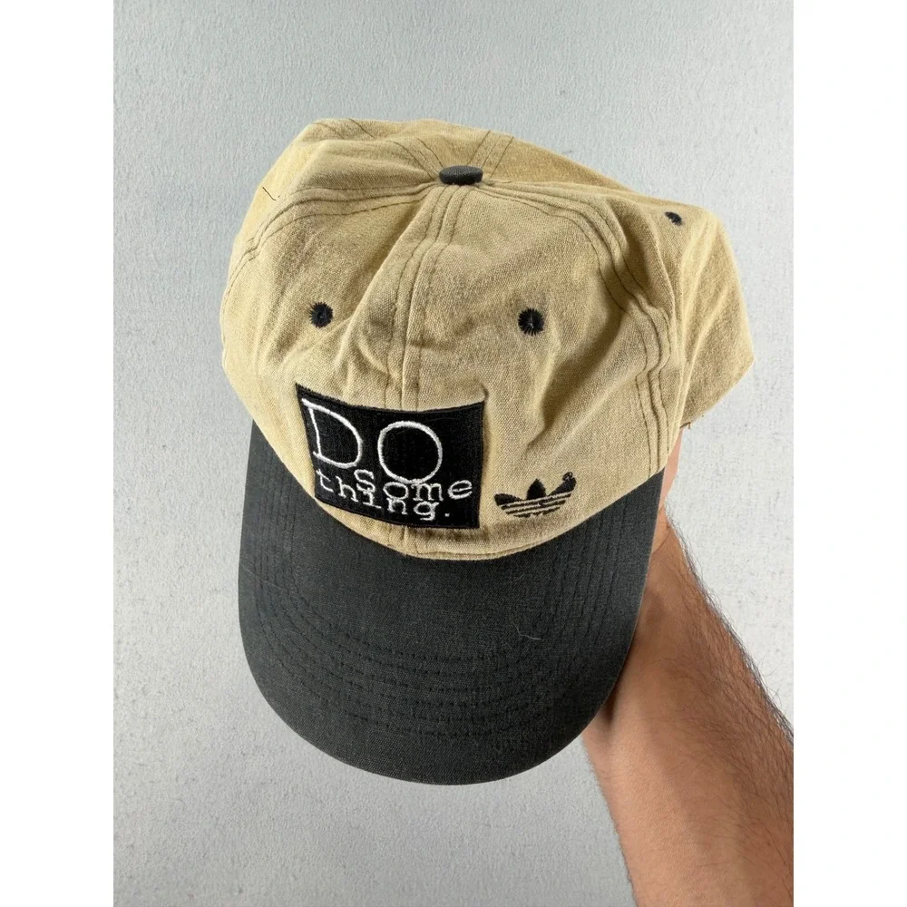 Vintage 90s Adidas Do Something Snapback Hat Tan Black Trefoil Logo Cap Mens